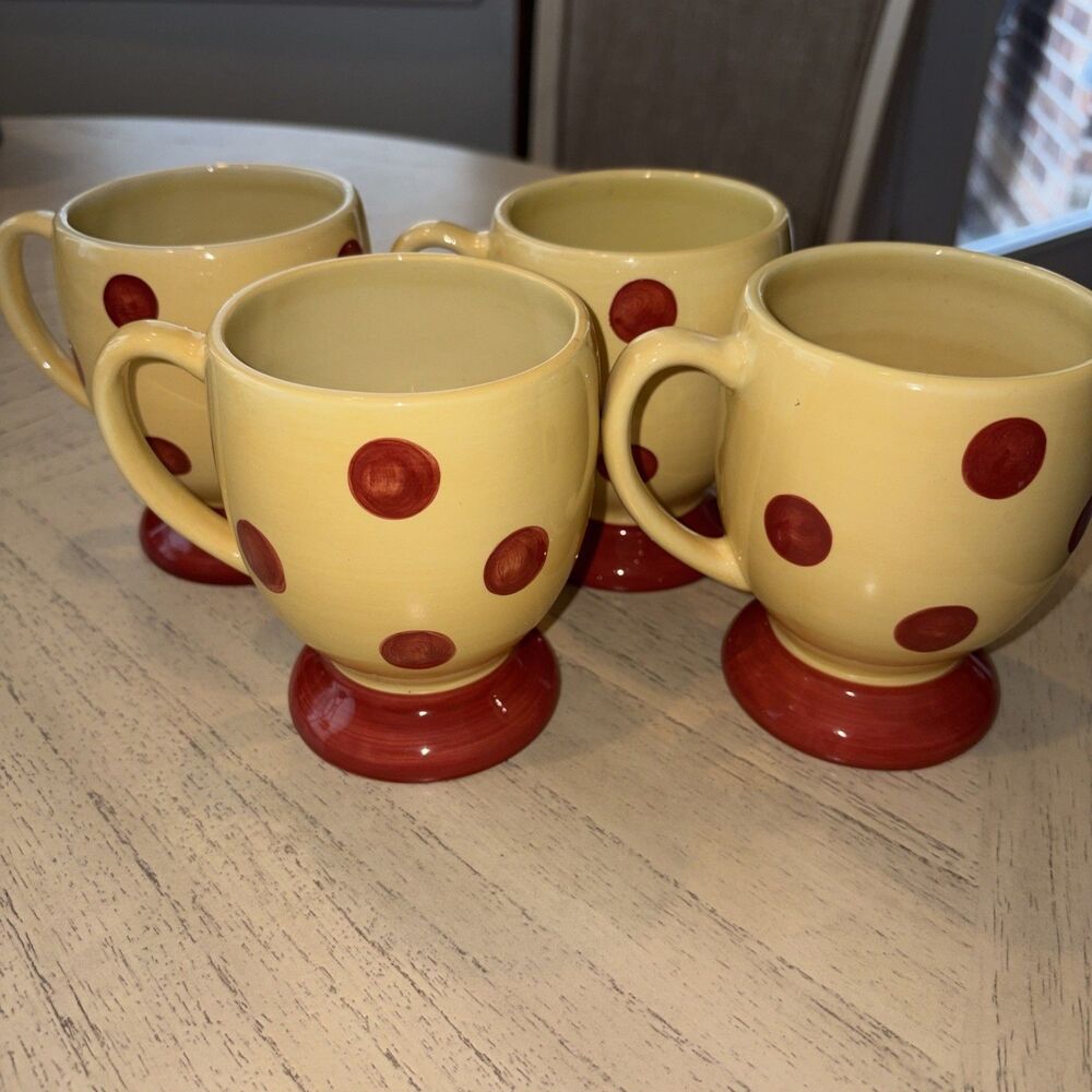 Gail Pittman Siena Yellow~Red Polka Dot Coffee Mugs 4.4” ~Set Of 4